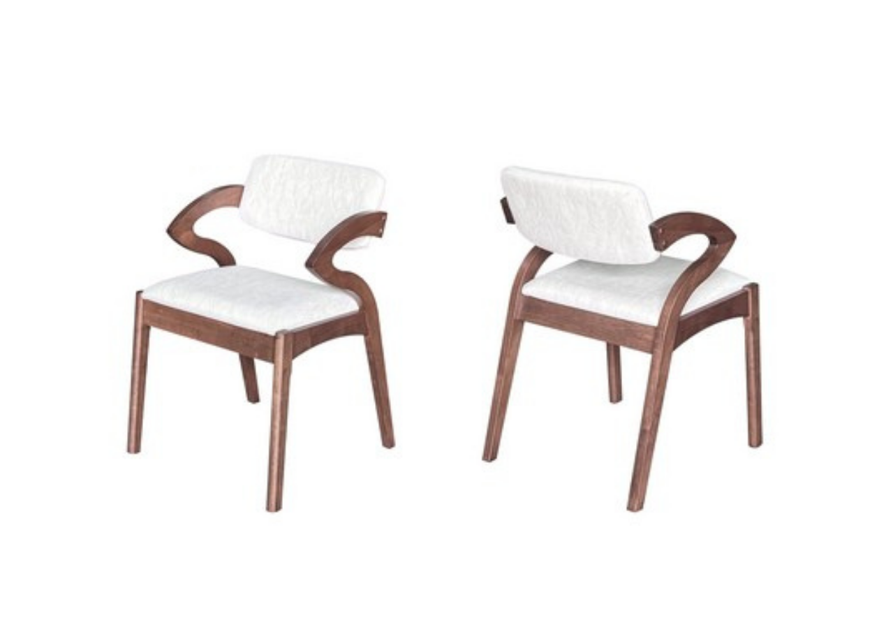 Two wooden chairs with white cushions on a white background
