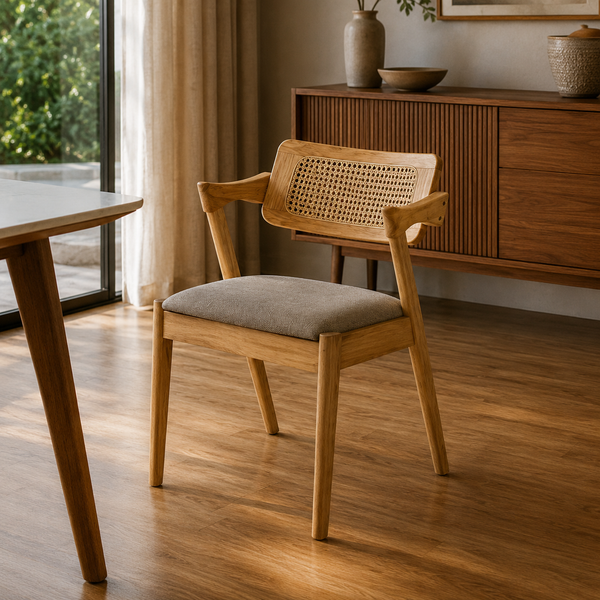 Wooden chair with a woven backrest in a room with wooden flooring and furniture.