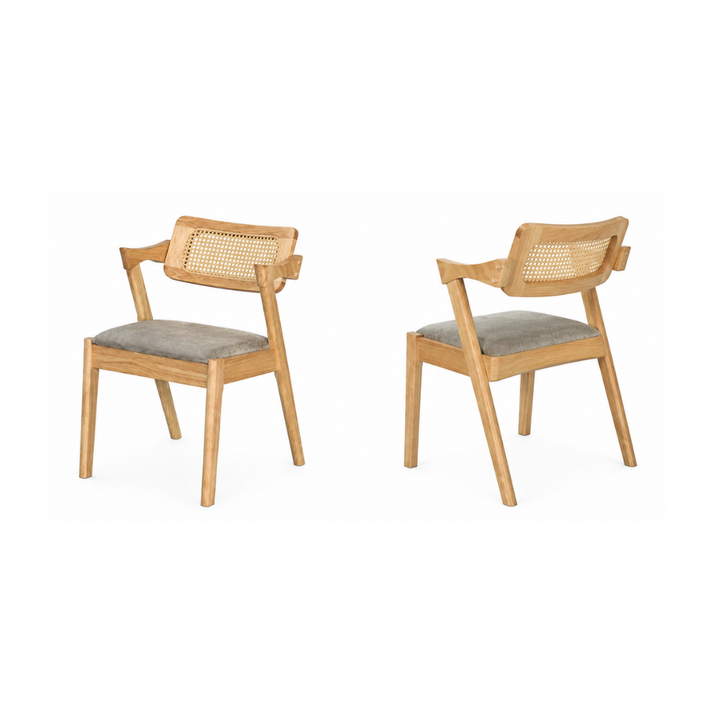 Two wooden chairs with woven backrests and gray cushions on a white background