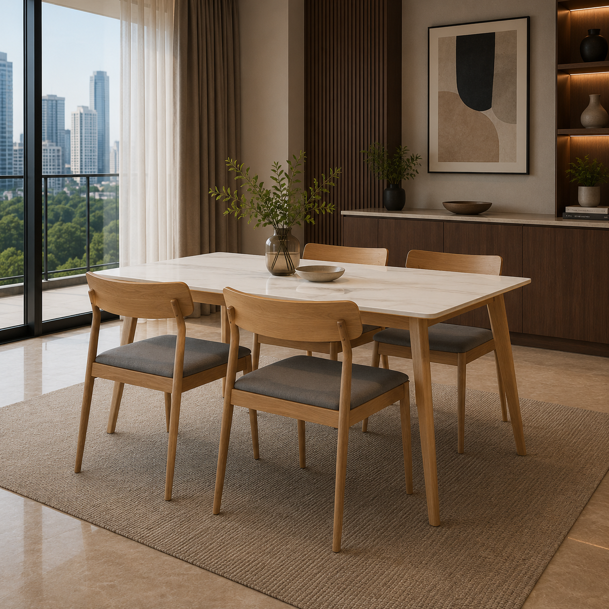 Dining room with wooden table and chairs in a modern interior setting.