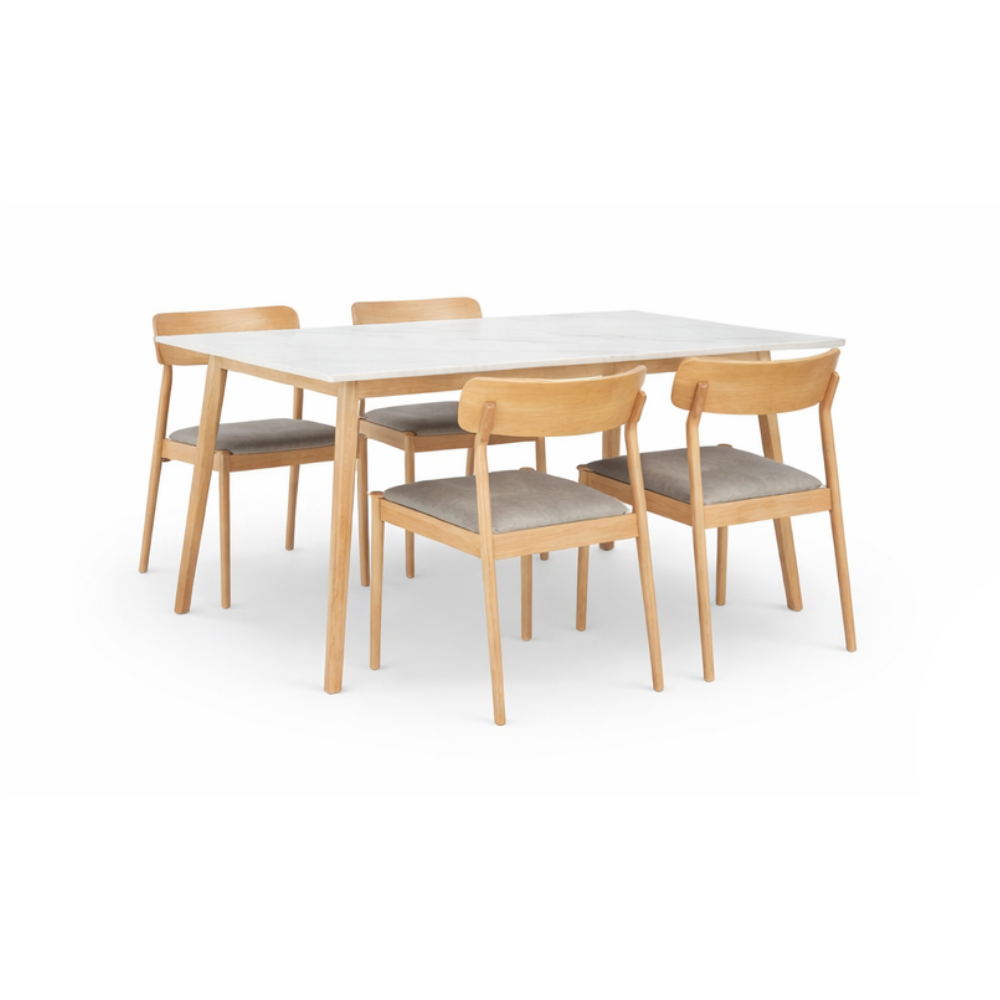 Dining table set with four chairs on a white background