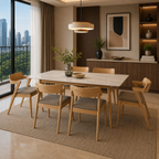 Dining room with wooden table and chairs, large window with city view