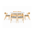 Dining table set with six chairs on a white background