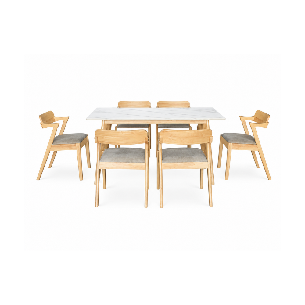 Dining table set with six chairs on a white background