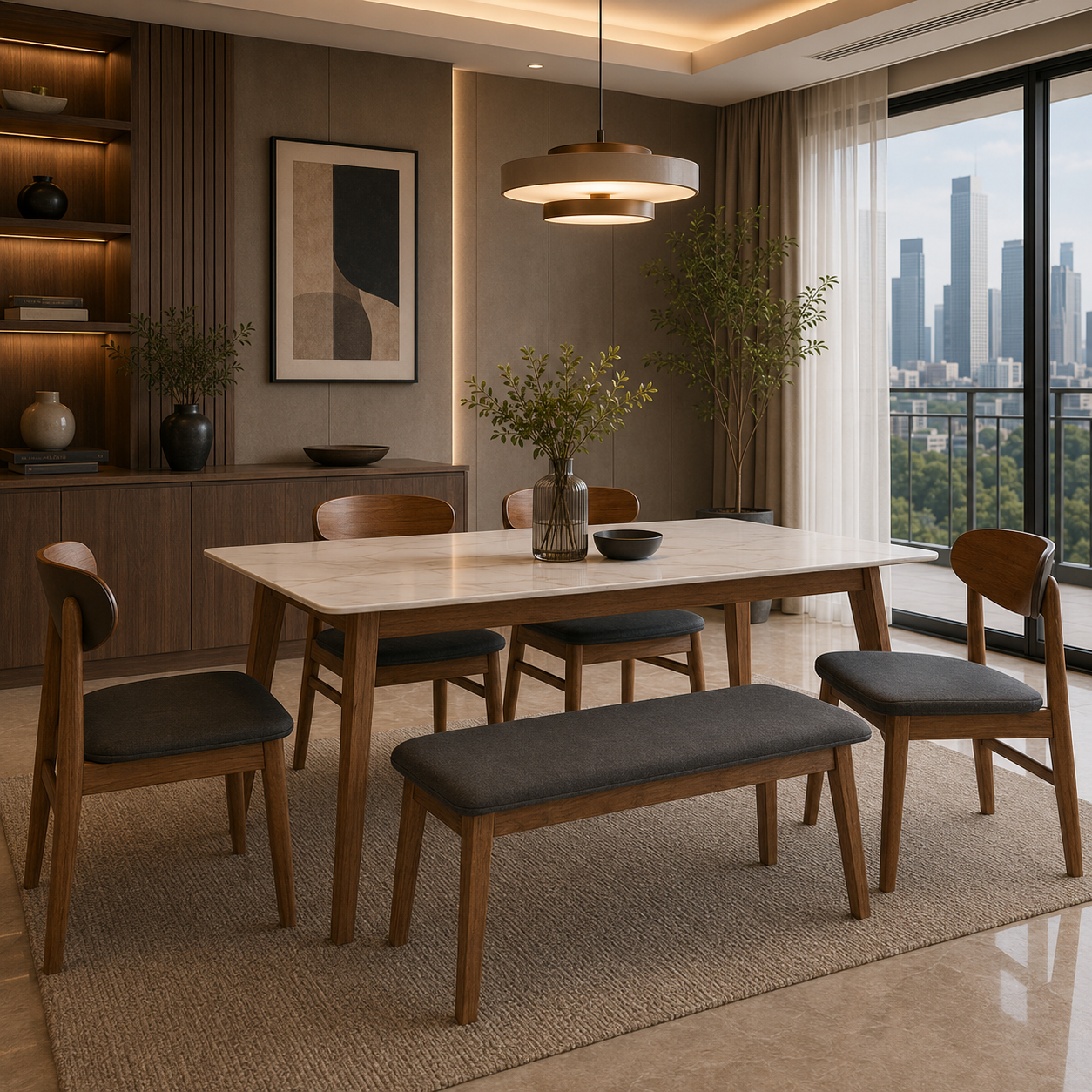 Dining room with wooden table, chairs, and bench in a modern interior setting.