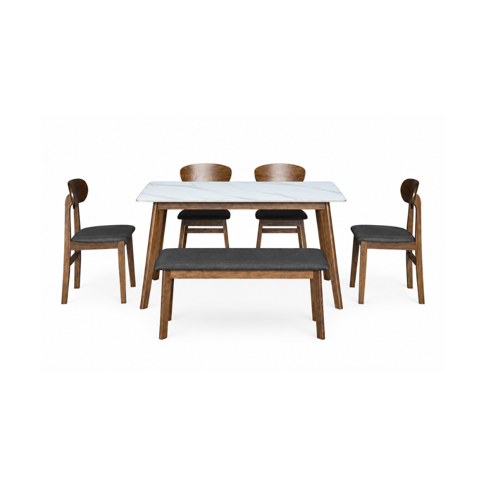 Dining set with a table and four chairs on a white background
