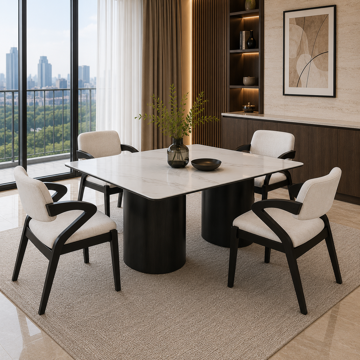 Modern dining room with a marble table and chairs, city view through large windows.