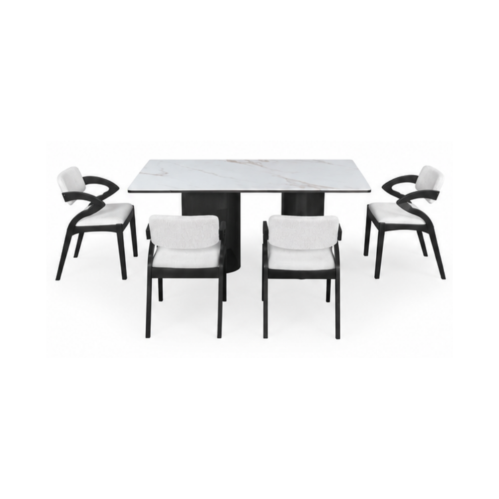 Dining table set with four chairs on a white background