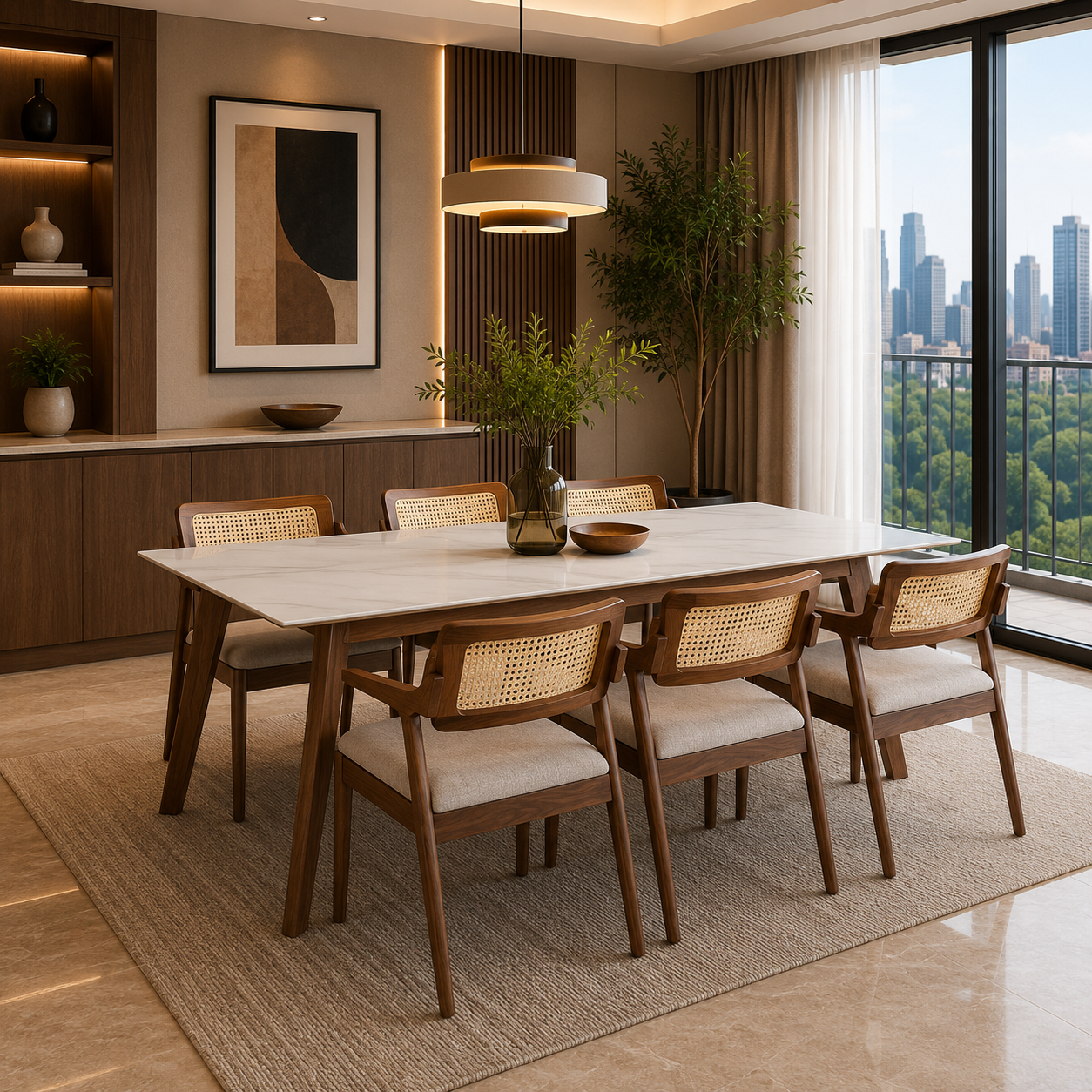 Dining room with wooden table and chairs, city view through large window.