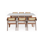 Dining table set with six chairs on a white background