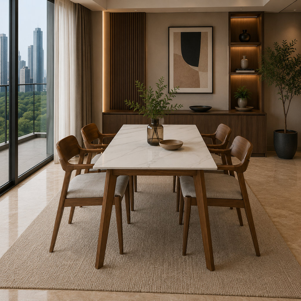 Modern dining room with wooden table and chairs, large windows, and cityscape view.