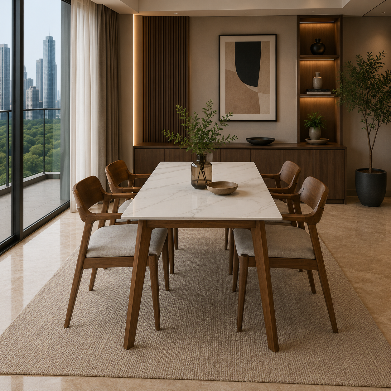 Modern dining room with wooden table and chairs, large windows, and cityscape view.