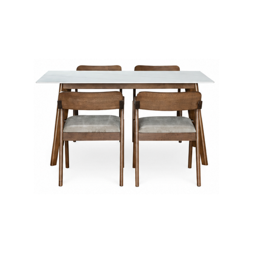 Dining table set with four wooden chairs on a white background