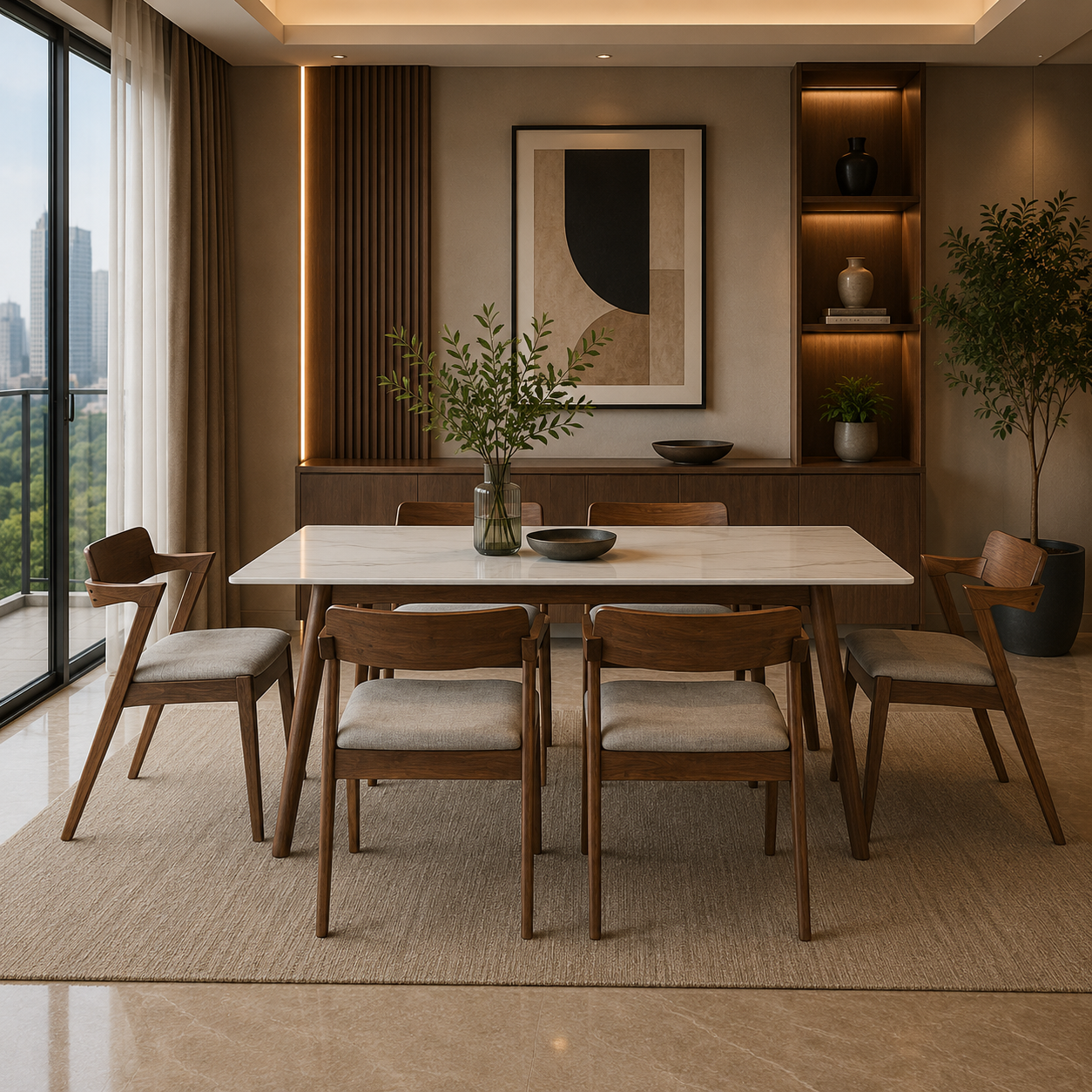 Modern dining room with wooden table and chairs, large windows, and decorative elements.