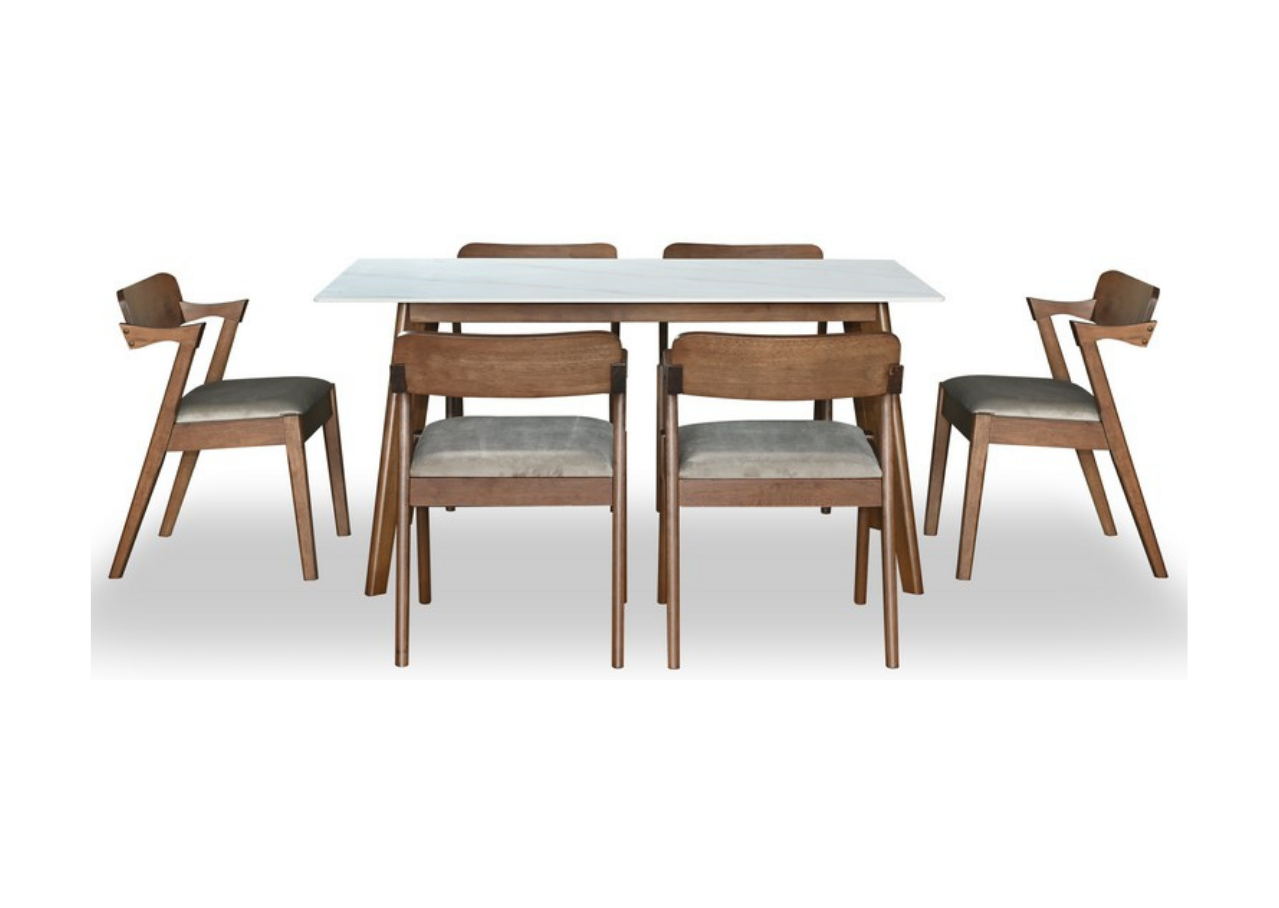 Dining table set with six chairs on a white background