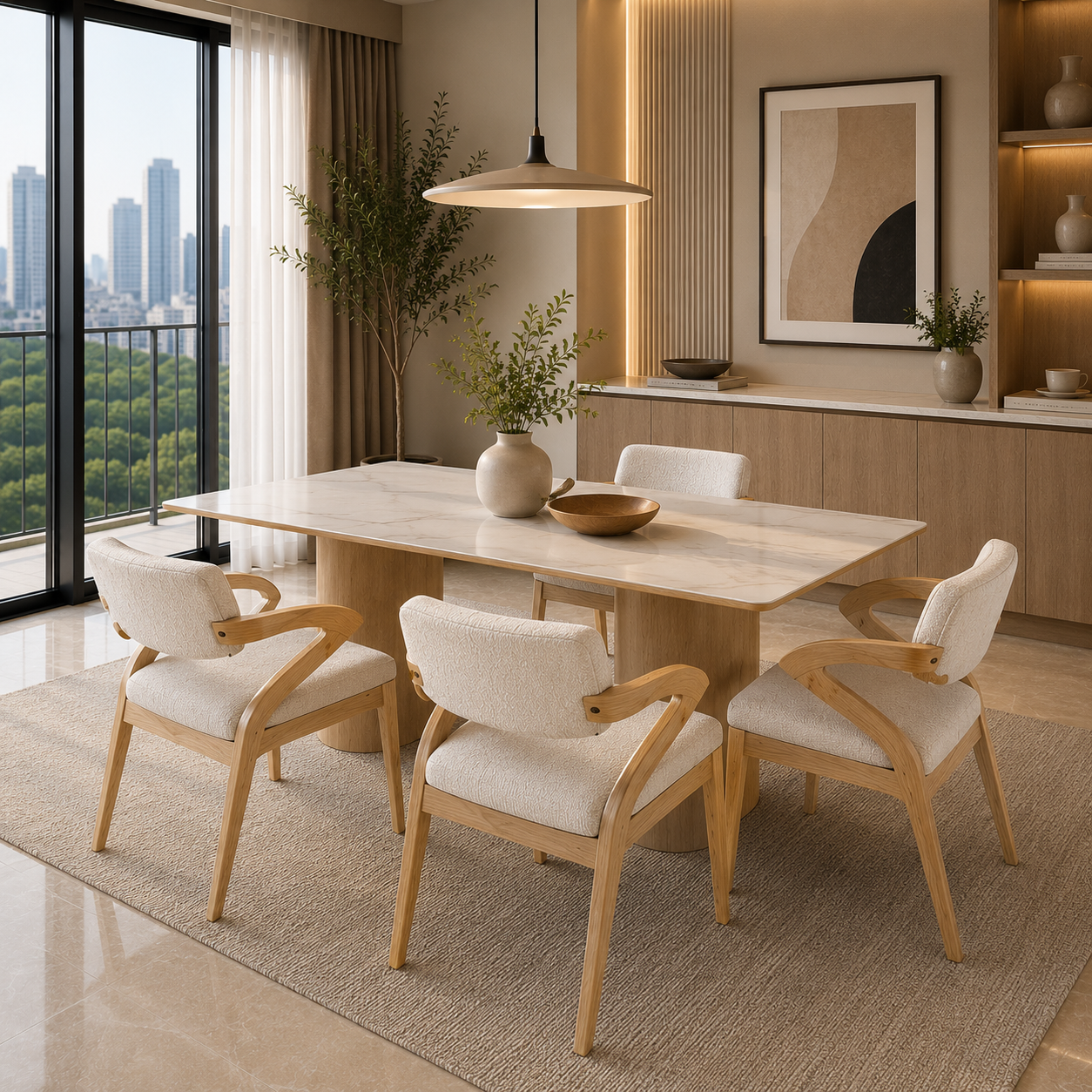 Modern dining room with wooden table and chairs, cityscape view through large window.