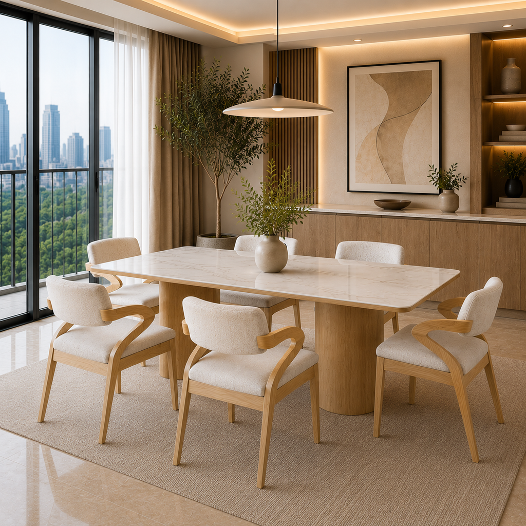Modern dining room with wooden table and chairs, large windows, and cityscape view.