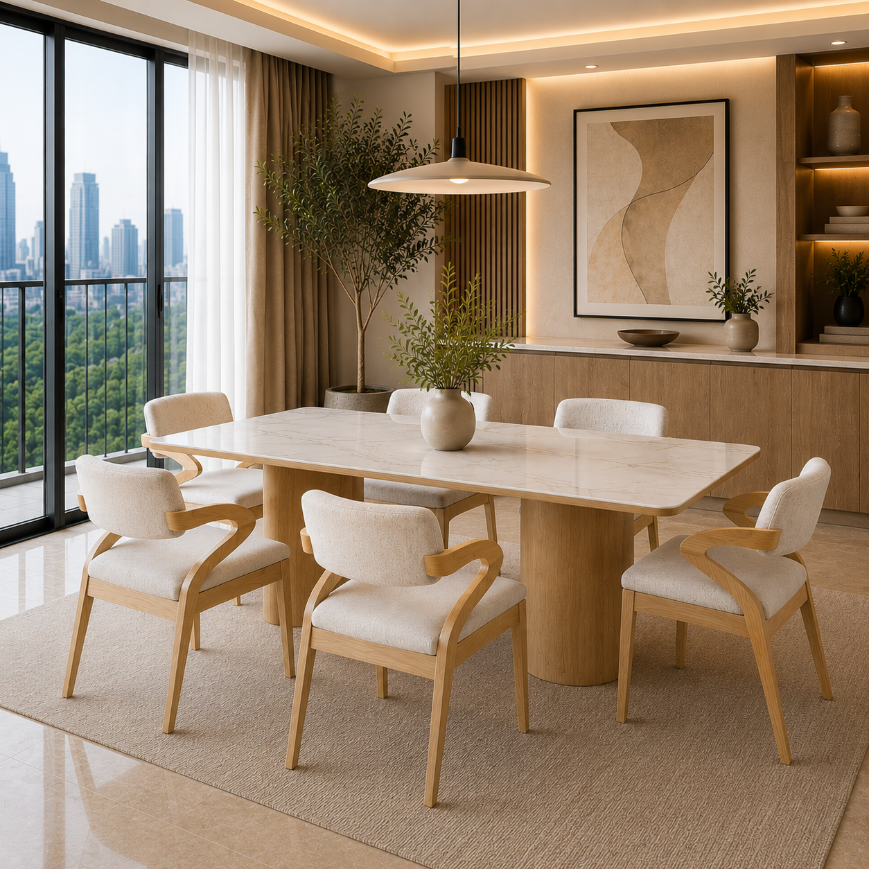 Modern dining room with wooden table and chairs, large windows, and cityscape view.