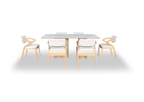 Dining table with four chairs on a white background