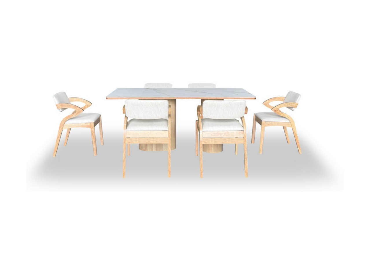 Dining table with four chairs on a white background