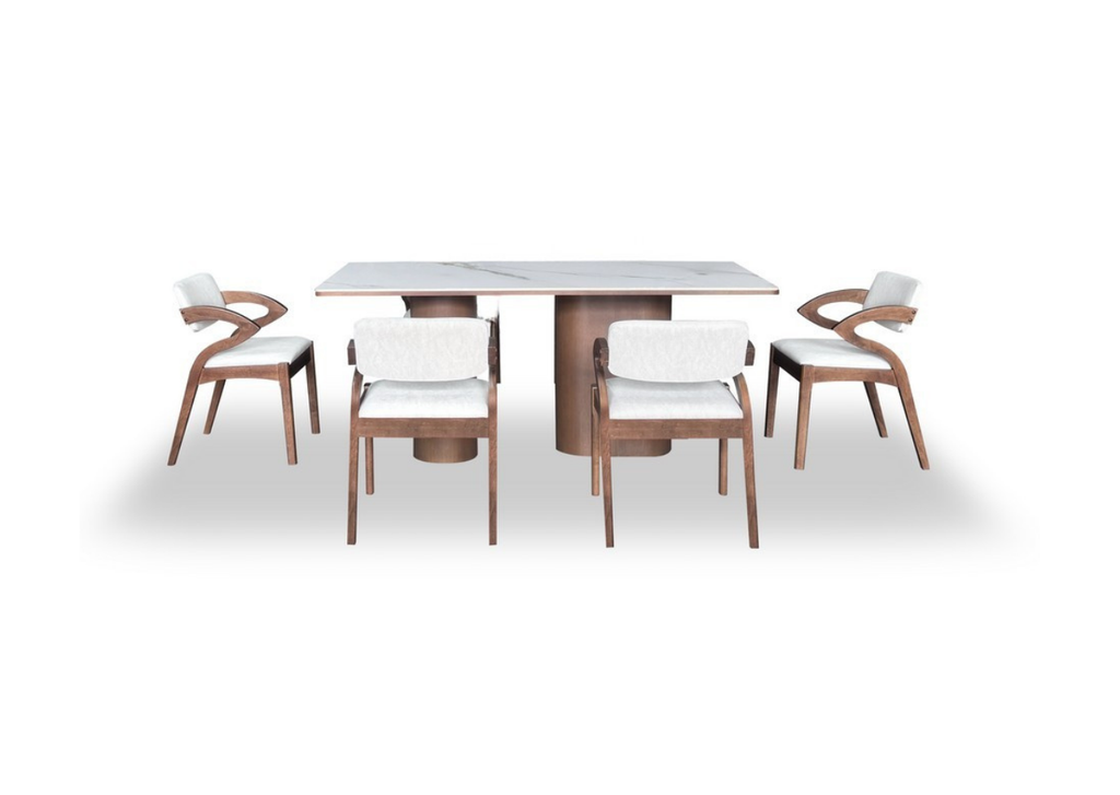 Dining table with four chairs on a white background