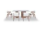 Dining table with four chairs on a white background