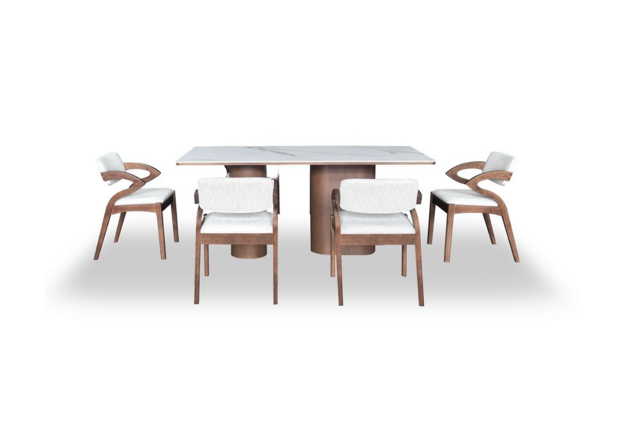 Dining table with four chairs on a white background