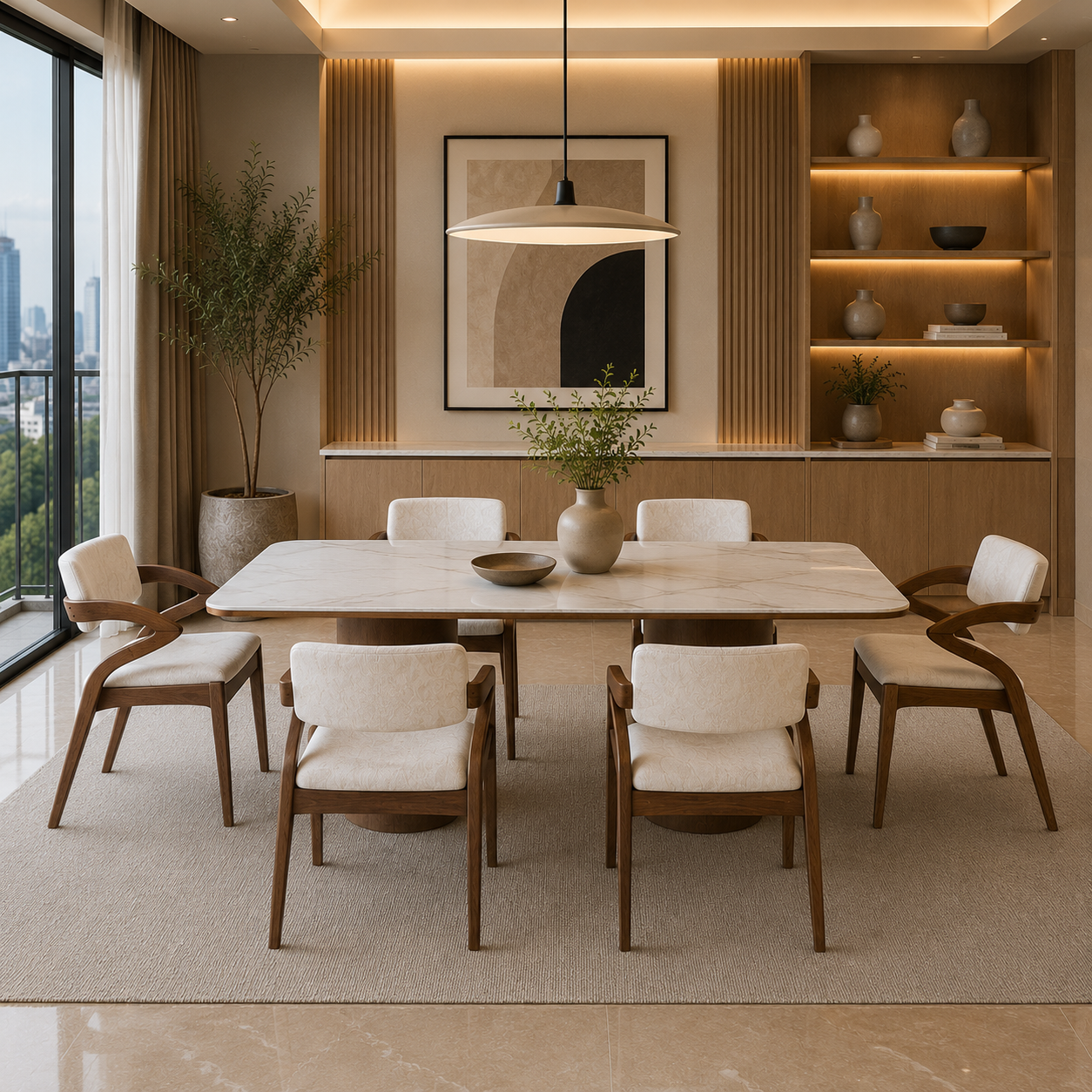 Modern dining room with a large table and chairs, featuring a cityscape view.