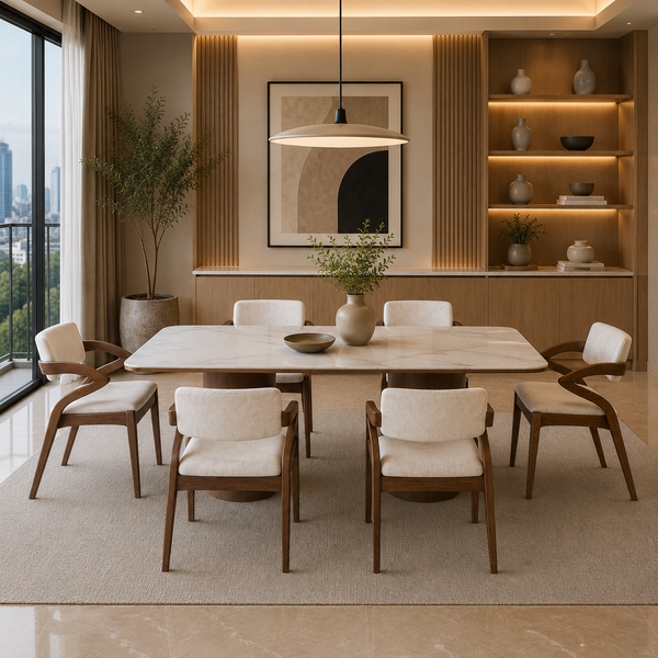 Modern dining room with a large table and chairs, featuring a cityscape view.