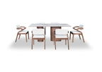 Dining table with four chairs on a white background