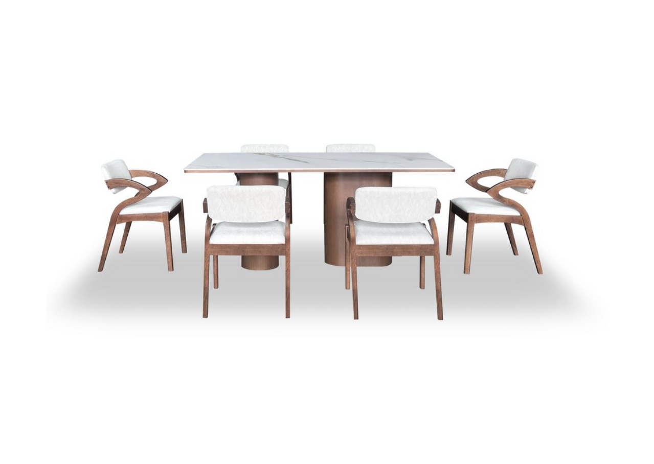 Dining table with four chairs on a white background