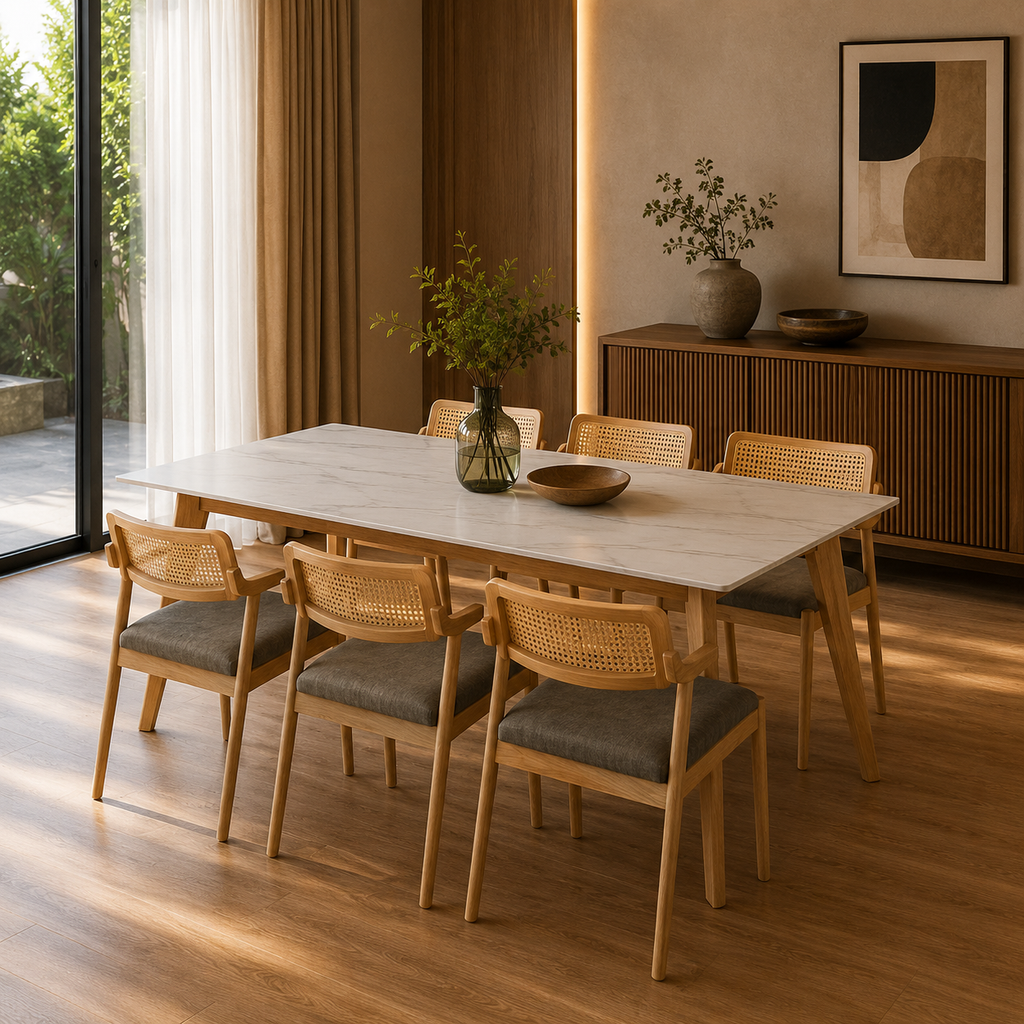 Dining room with wooden table and chairs on a wooden floor.