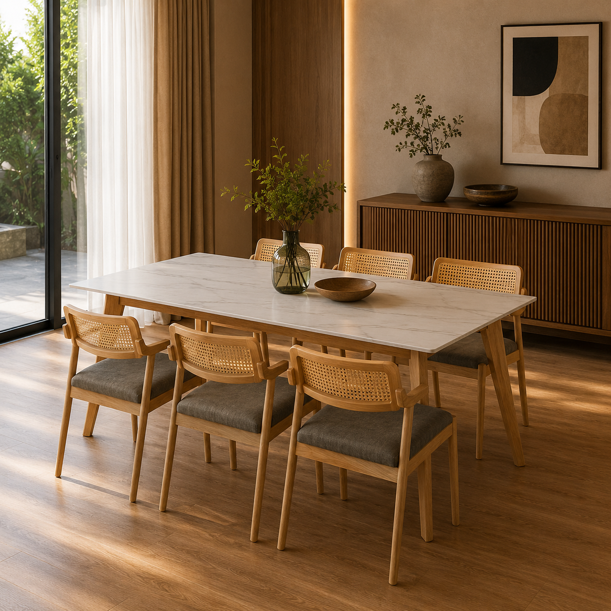 Dining room with wooden table and chairs on a wooden floor.