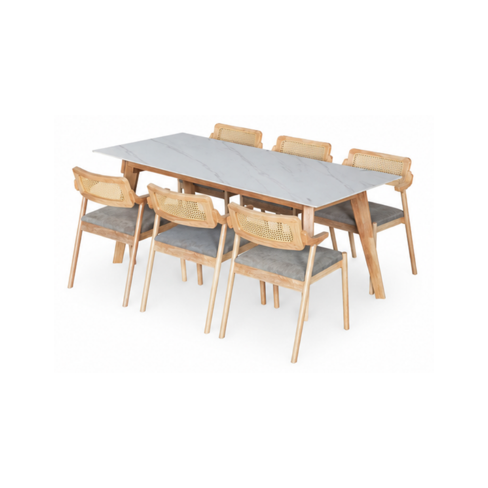 Dining table set with six chairs on a white background