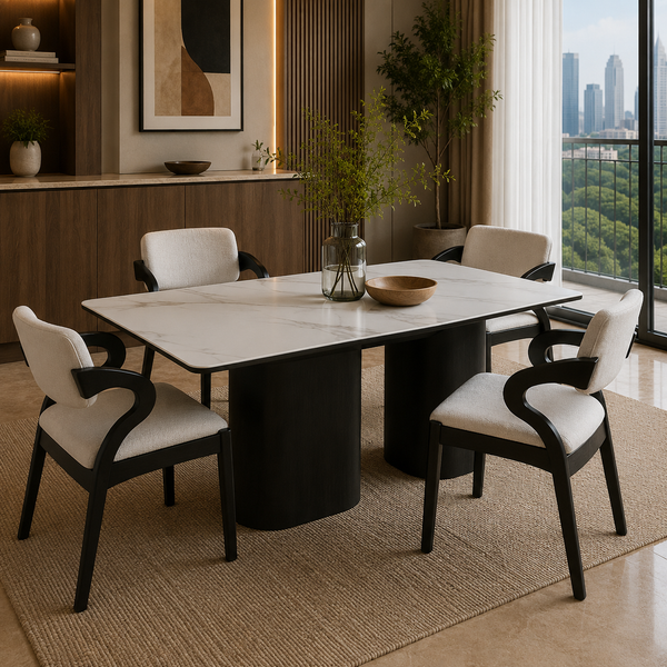 Dining room with a modern table and chairs, cityscape view through large windows.