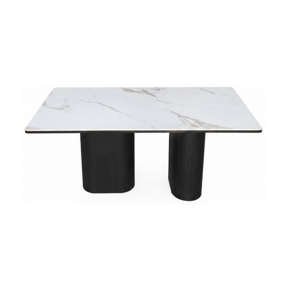 Square marble table with black legs on a white background