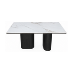 Square marble table with black legs on a white background