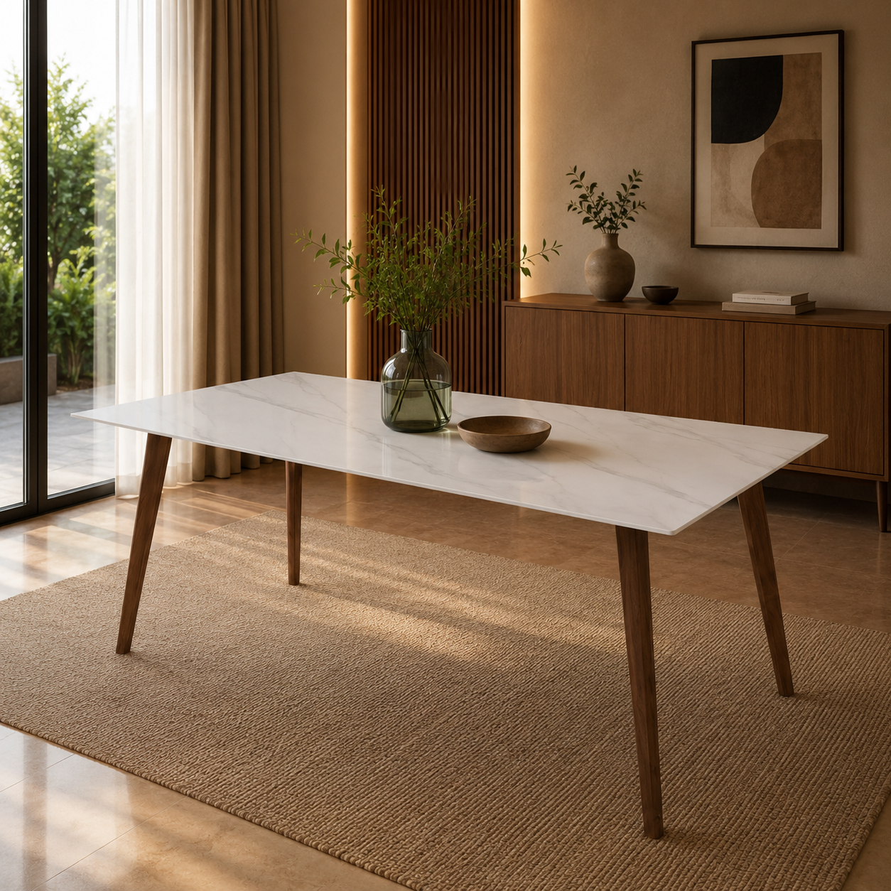 Dining table with marble-like surface and wooden legs in a modern living room.