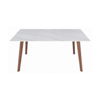 Rectangular table with white marble-like top and wooden legs on a white background