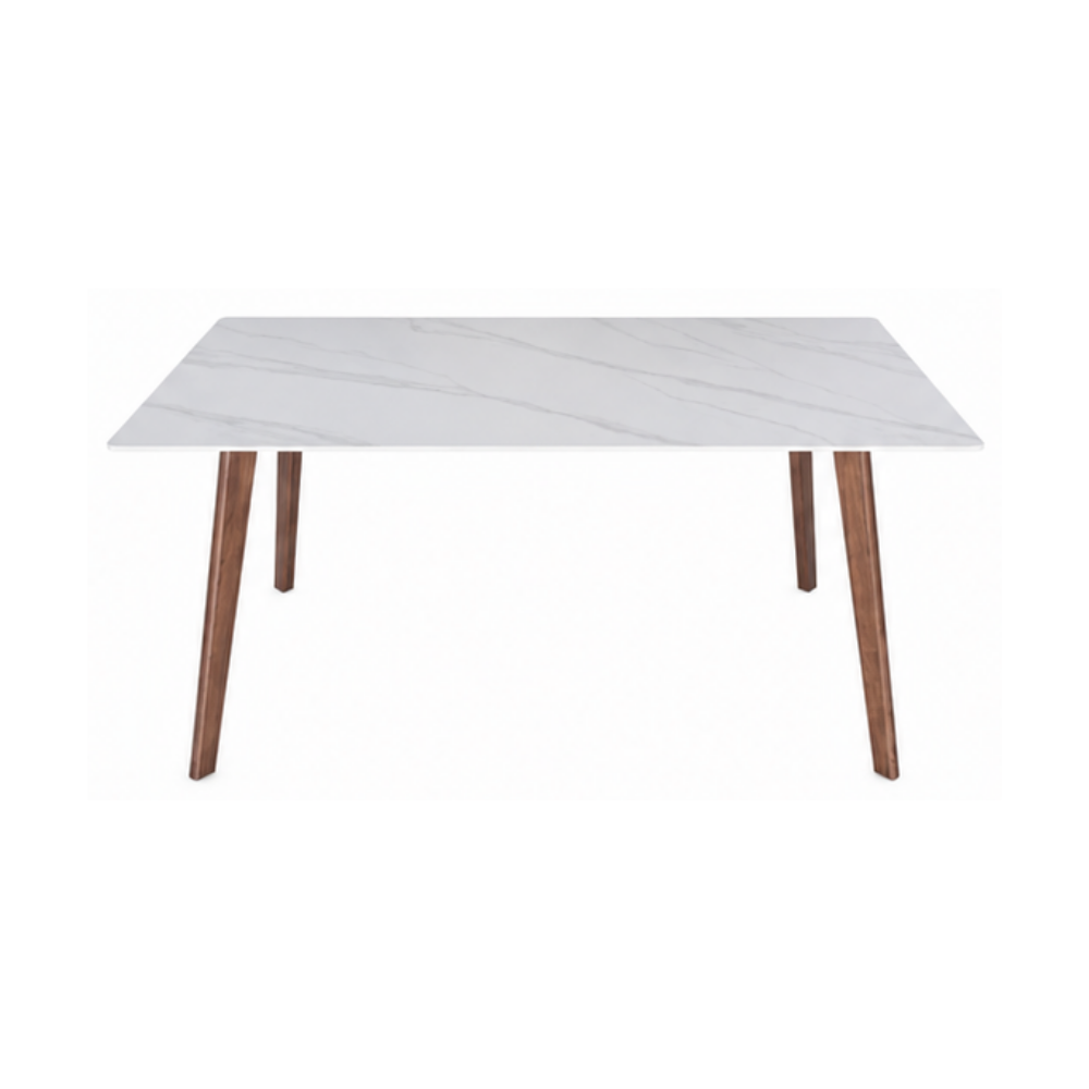 Rectangular table with white marble-like top and wooden legs on a white background