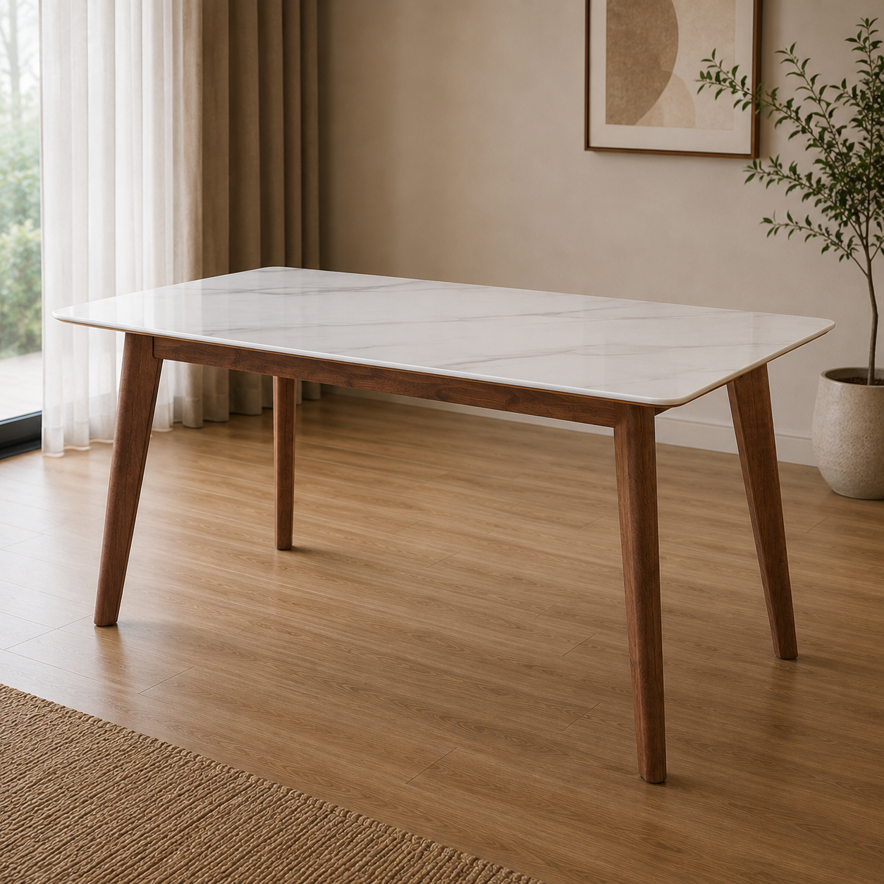 Dining table with marble-like surface and wooden legs in a room with curtains and a plant.