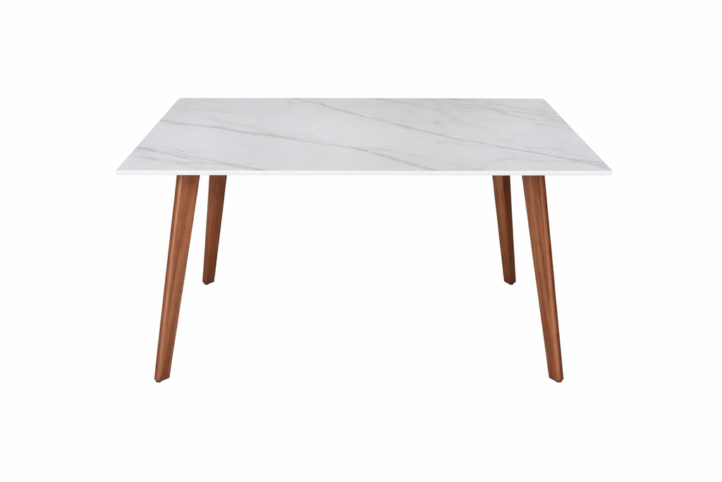 Dining table with white marble top and wooden legs on a white background