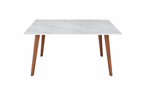 Dining table with white marble top and wooden legs on a white background