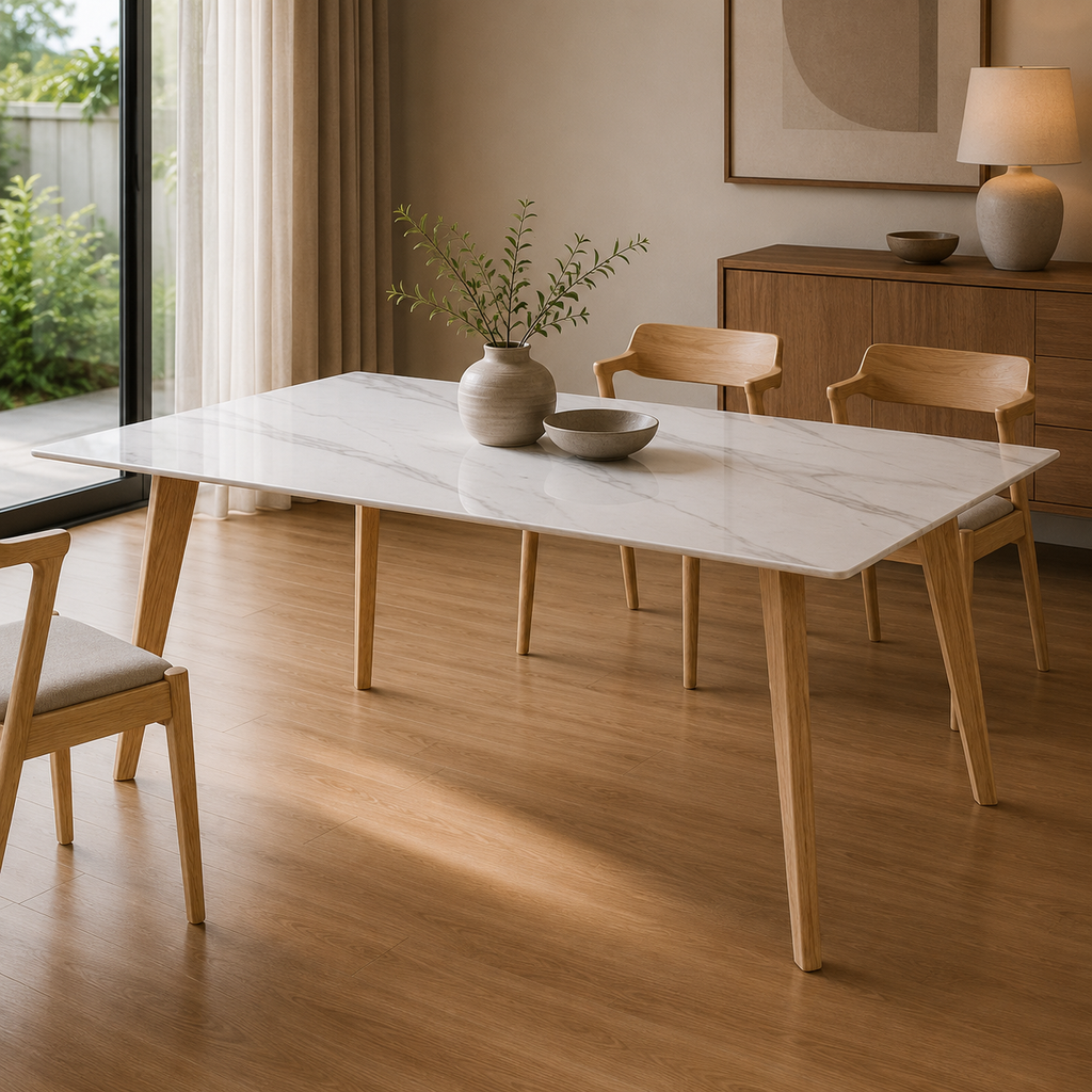 Dining room with a marble table and wooden chairs in a well-lit room.