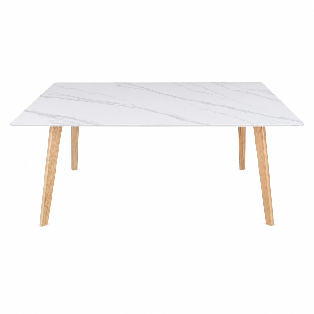 Rectangular table with marble-like top and wooden legs on a white background