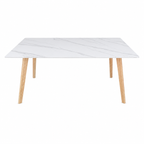 Rectangular table with marble-like top and wooden legs on a white background