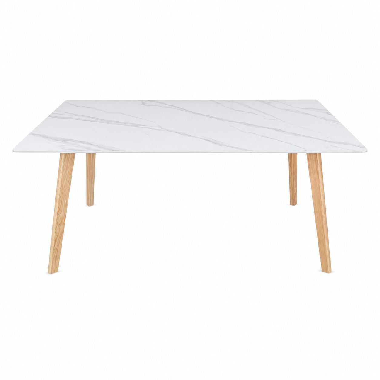 Rectangular table with marble-like top and wooden legs on a white background