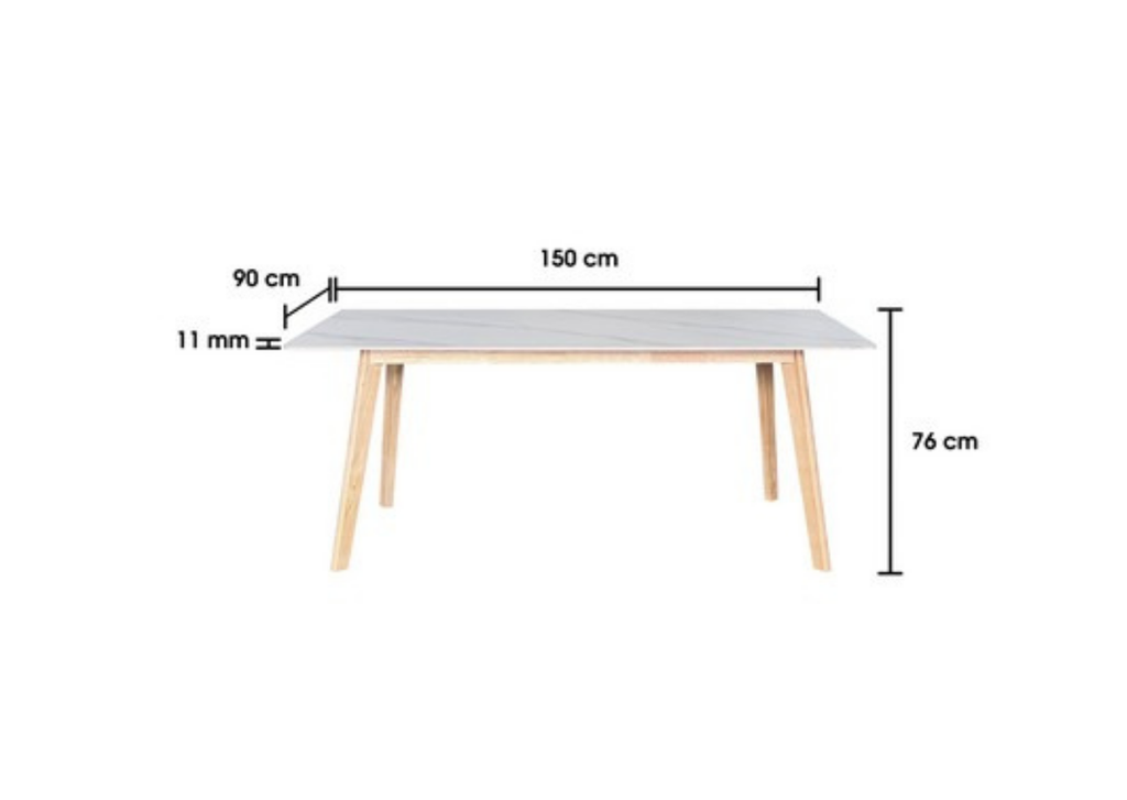 Dining table with dimensions labeled on a white background