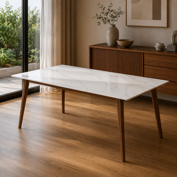 Modern dining table with marble-like surface and wooden legs in a room with large windows.