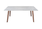 Rectangular table with white marble-like top and wooden legs on a white background